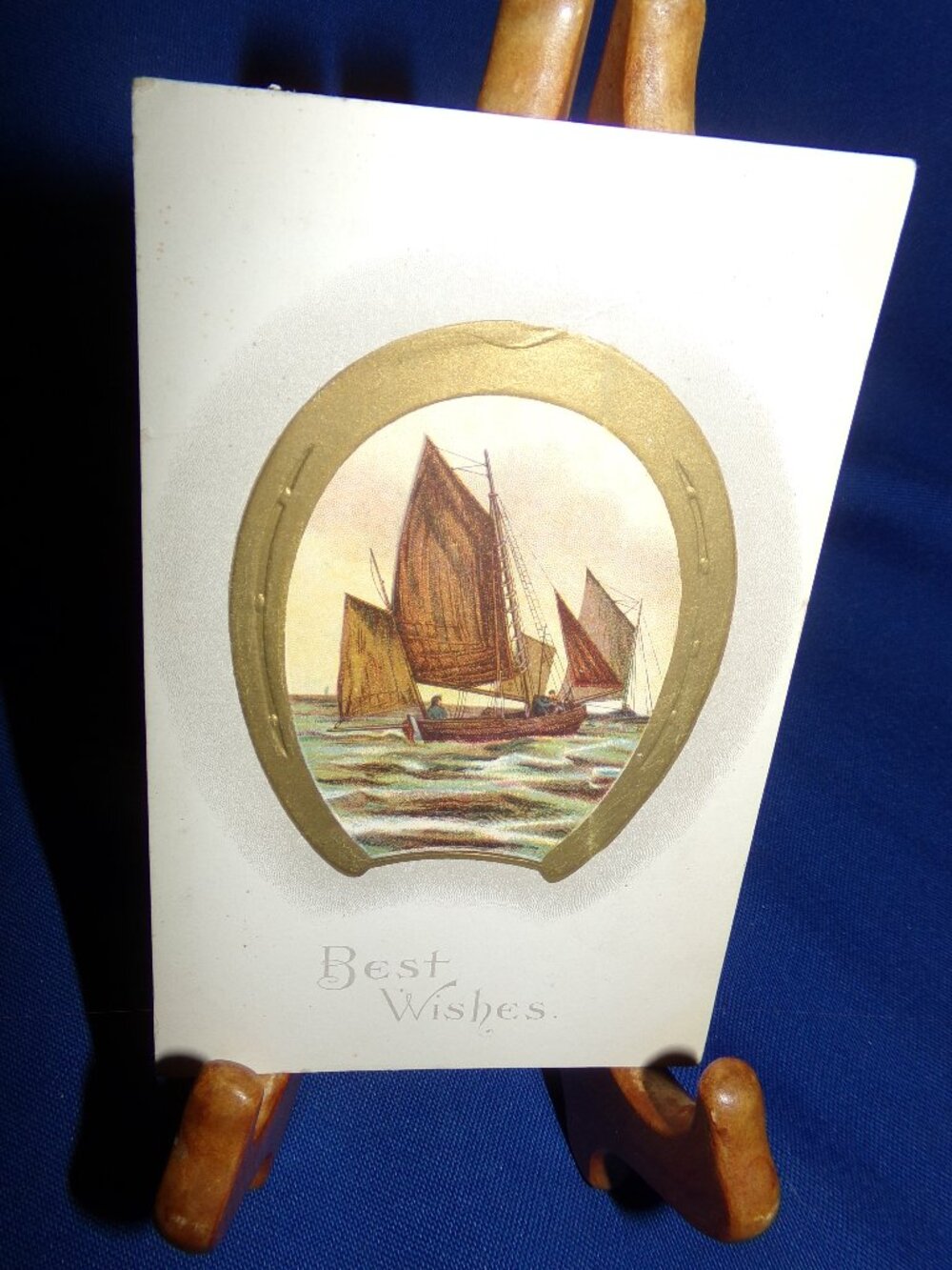 Vintage "Best Wishes" Embossed Horseshoe & Boats Postcard - Unposted